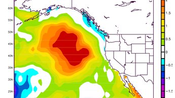 Map showing position of sea surface temperature (SST) anomaly, aka The Blob, in the northeast Pacific Ocean in March 2014.