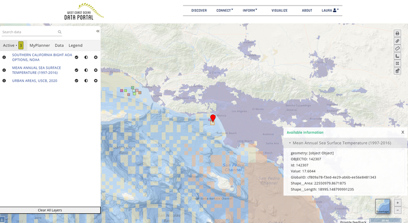 Map of NOAA aquaculture projects,  mean sea surface temperature, and urban areas. The map is centered at Los Angeles, California